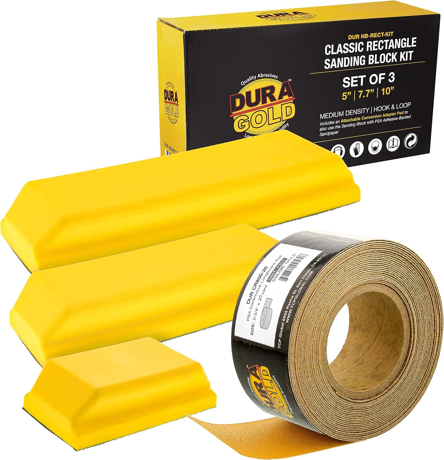 Dura-Gold Pro Series Rectangle Hand Sanding Block Kit with 3 Blocks, 5", 7-3/4" and 10" Set, Hook & Loop Backing and PSA Adapter Pad & 800 Grit PSA Longboard Sandpaper 20 Yard Roll, 2-3/4" Wide