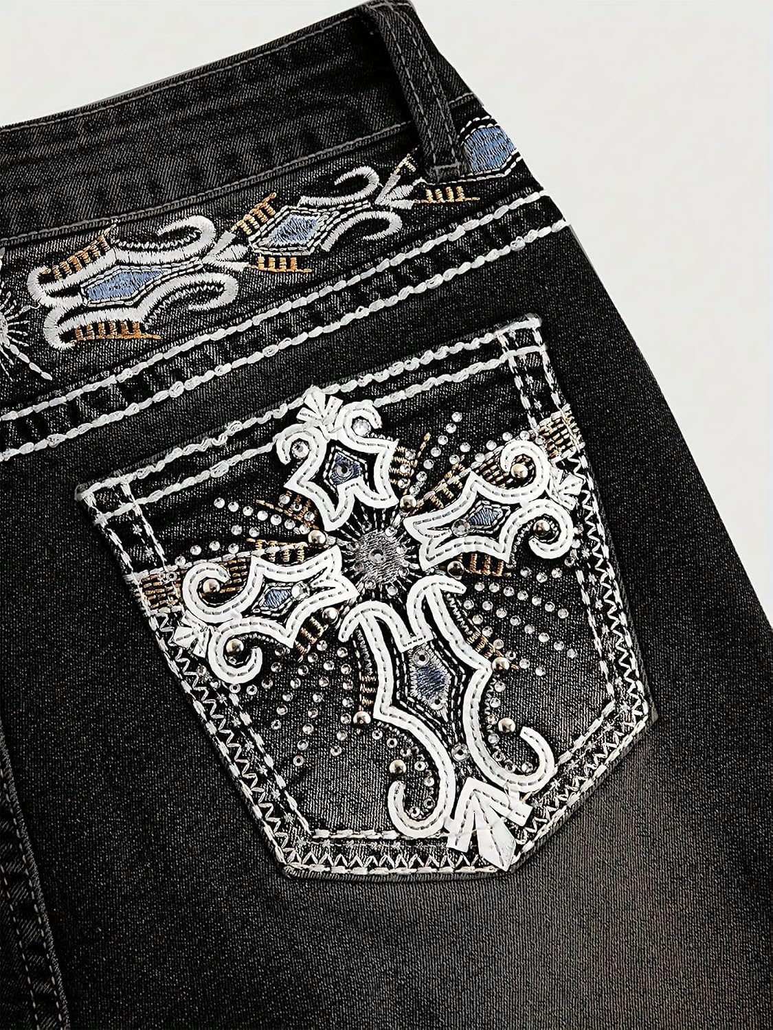 Women's Mid Rise Stretchy Flare Jeans - Black Embroidered Denim Pants with Rhinestones Y2kstyle