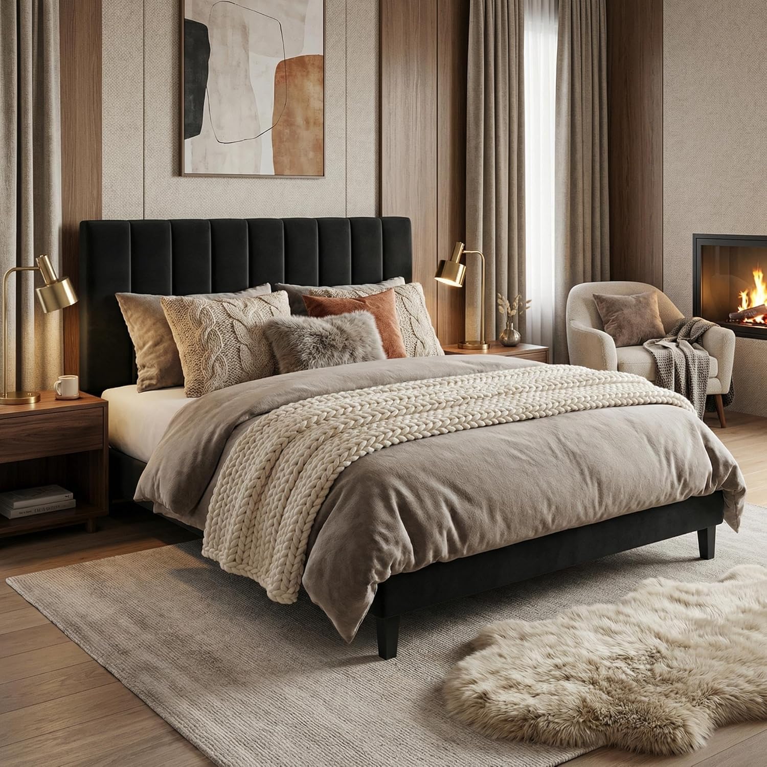 IDEALHOUSE Full Size Bed Frame, Velvet Upholstered Platform Bed with Adjustable Vertical Channel Tufted Headboard, No Box Spring Needed, Easy Assembly, Black