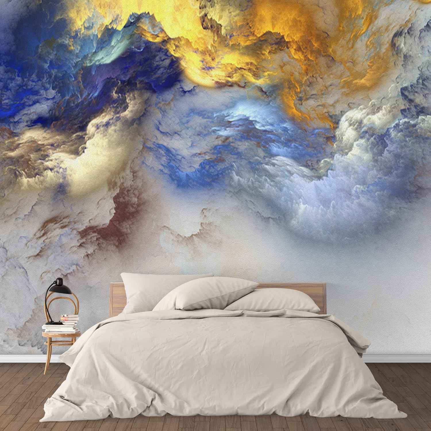 Luxury Gold Blue Cloud Peel and Stick Wall Mural, Abstract Nebula Self-Adhesive Wallpaper, Removable Modern Accent Decor for Home (Color34, 118" x 82")