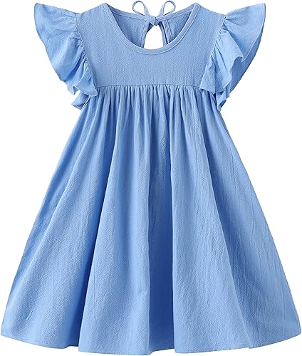 Vista 2 de Vestido de lino de algodón con mangas con volantes para niñas pequeñas, sin mangas, vestido de lazo en la espalda, vestido casual de verano