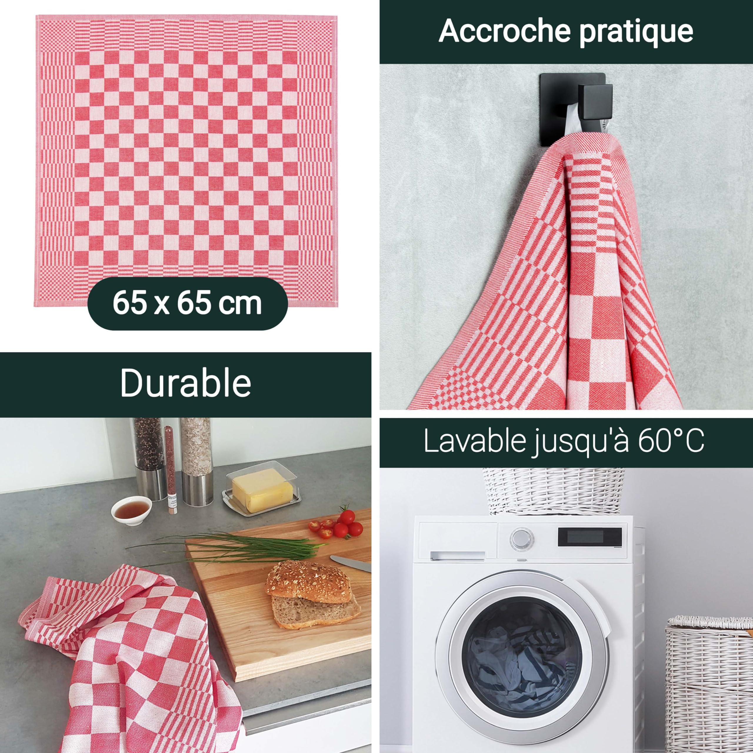 ZOLLNER Lot de 6 torchons en Coton de 65x65 c - extrêeent absorbants et Robustes - lavables
