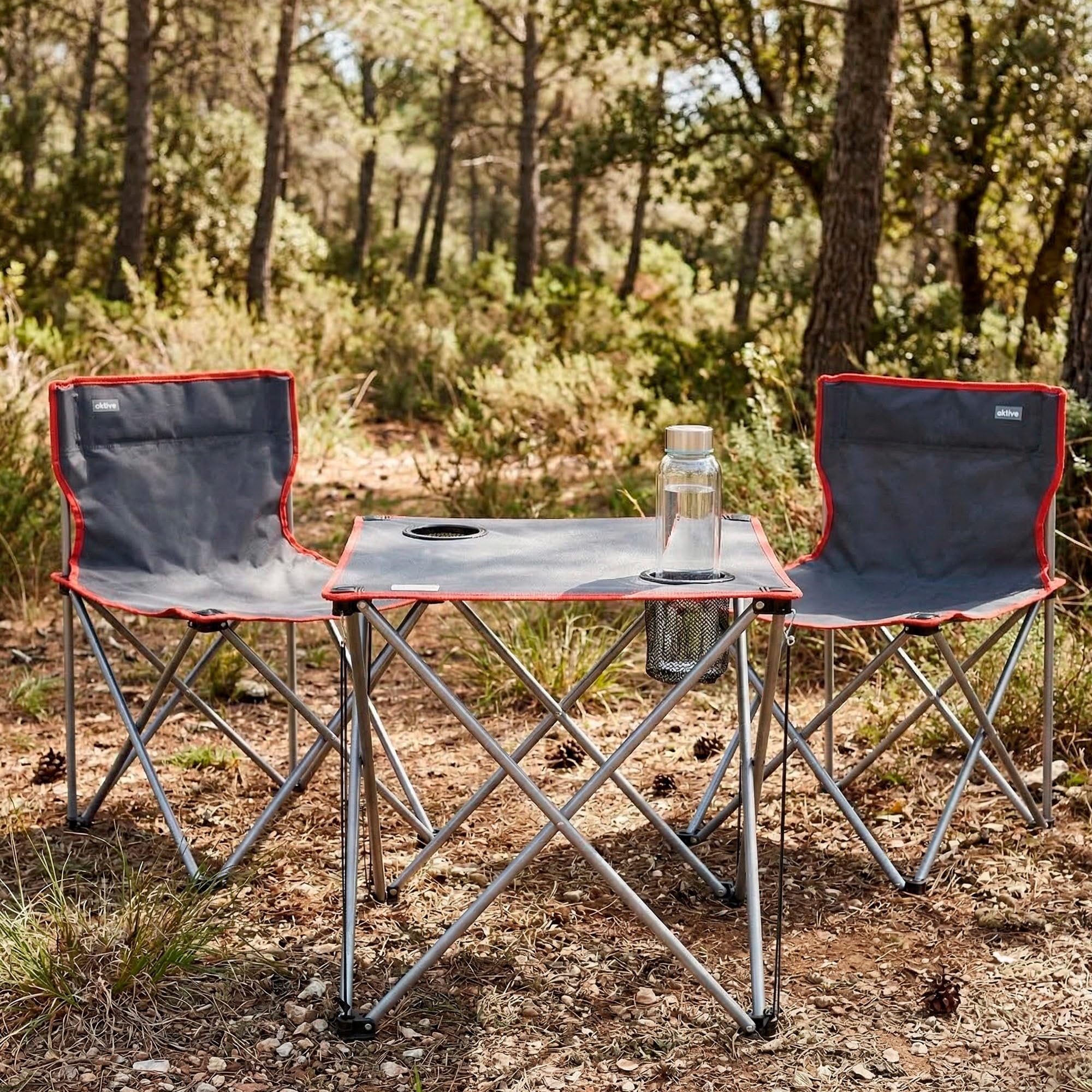 AKTIVE Set Camping Plegable, Mesa 46x46x46 cm, 2 sillas de 43x43x71 cm, Gris, Estructura Acero, Topes antivuelco, Peso soportado 110 kg, Posavasos Integrados, Bolsa de Transporte (63182)