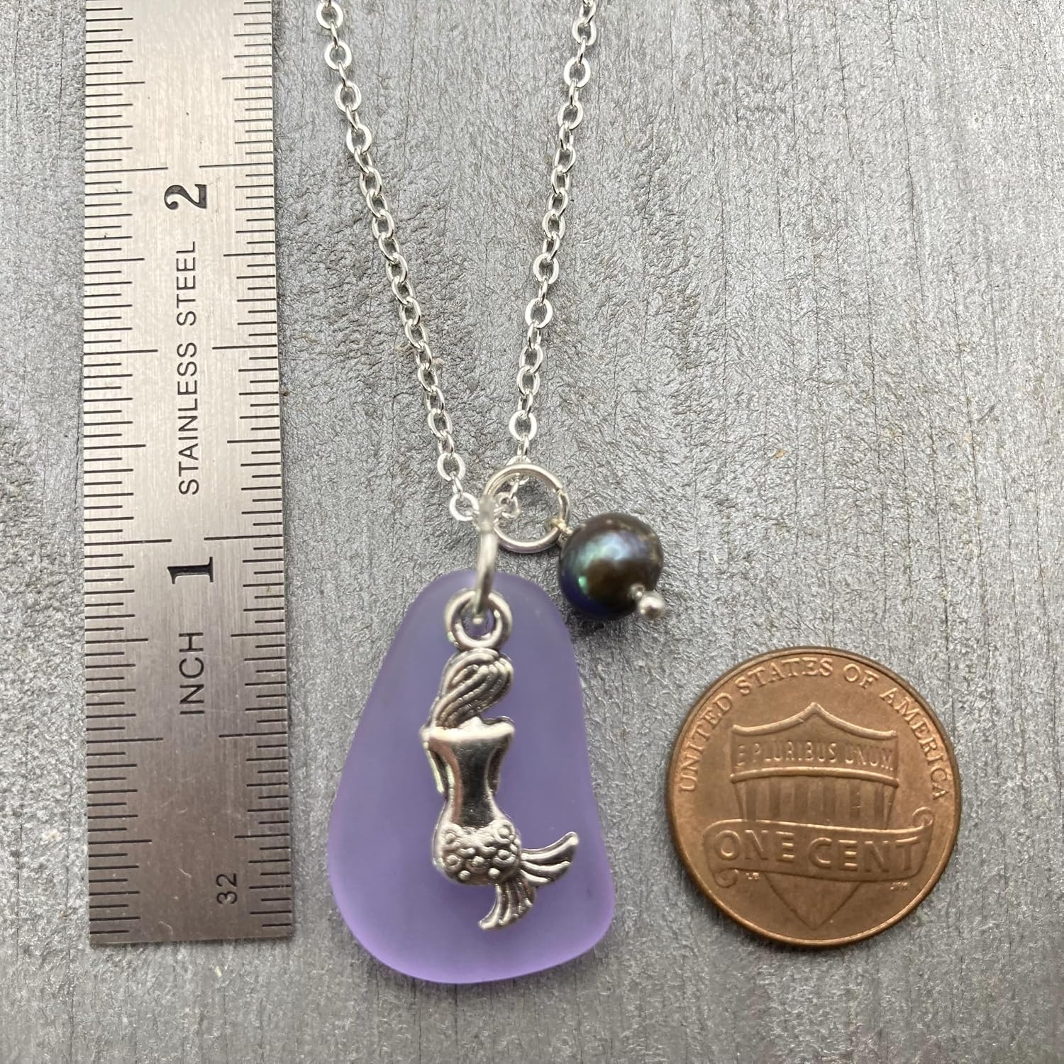 Handmade "Magical Color Changing" purple sea glass necklace,Natural pearl, mermaid charm, "February Birthstone ", (Hawaii Gift Wrapped