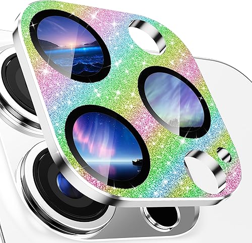 Protector de lente de cámara para iPhone 14 Pro/iPhone 14 Pro Max, cobertura completa 3D con purpurina brillante, calidad de imagen sin afectación,