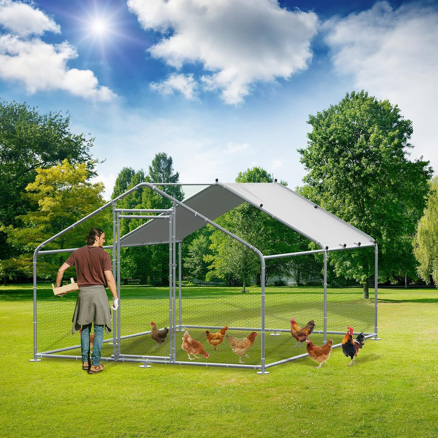 VIVIJASON Large Metal Chicken Coop Outdoor Walk-in Poultry Cage Hen Run House Rabbits Habitat Cages Spire Shaped Coop with Waterproof and Anti-UV Cover for Yard Farm (13.12' L x 9.84' W x 6.56' H)