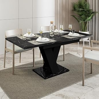 MALVI Extendable Living Room Table 120-160 x 80 cm Rectangular Guest Table Glamour Style Black Marble Look