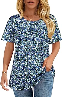 Camisetas de manga corta para mujer, blusas casuales plisadas al frente, cuello redondo, trajes de verano