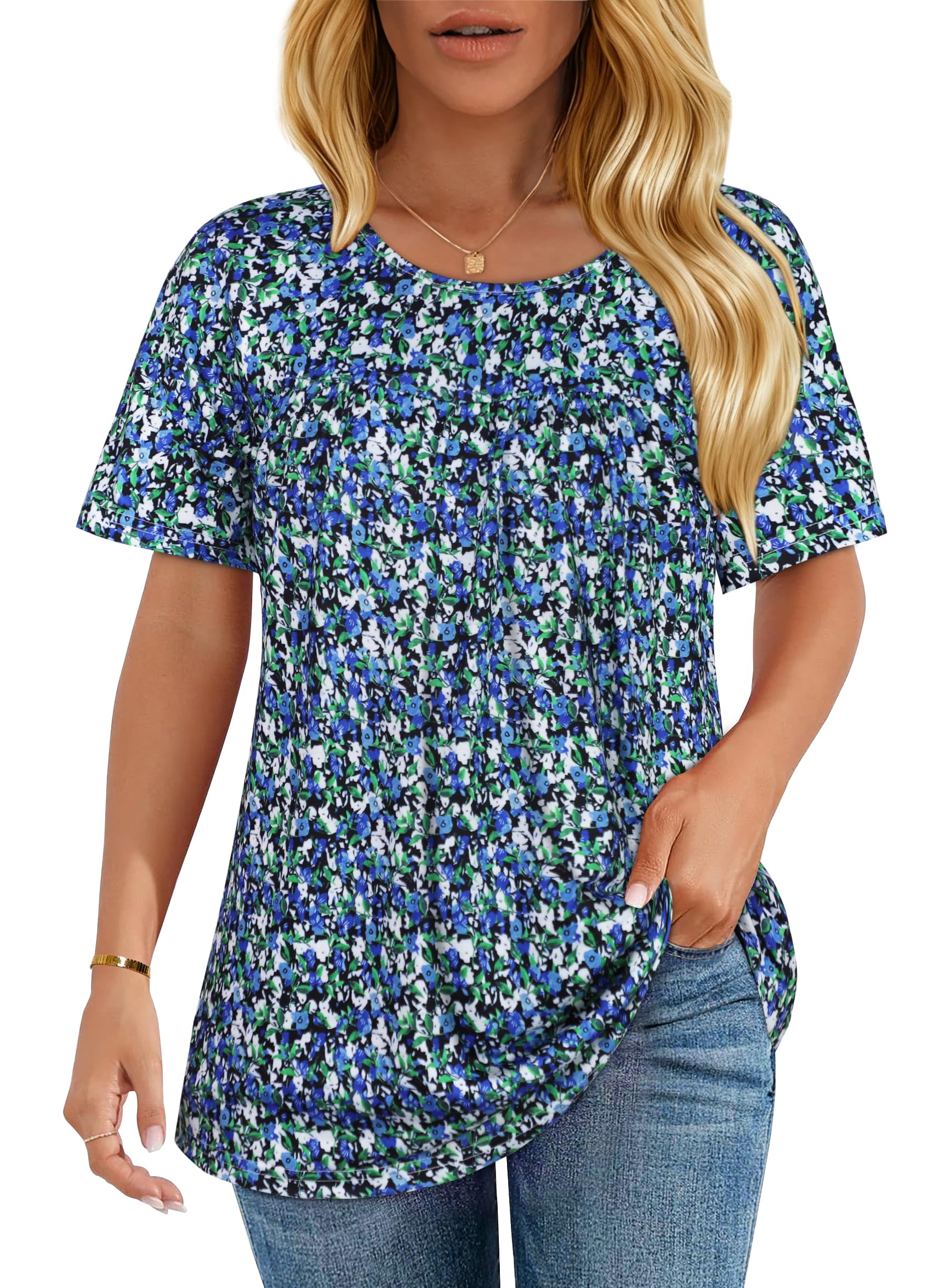 Womens T Shirts Short Sleeve Tops Casual Pleated Front Blouses Flowy Scooped Neck Summer Outfits