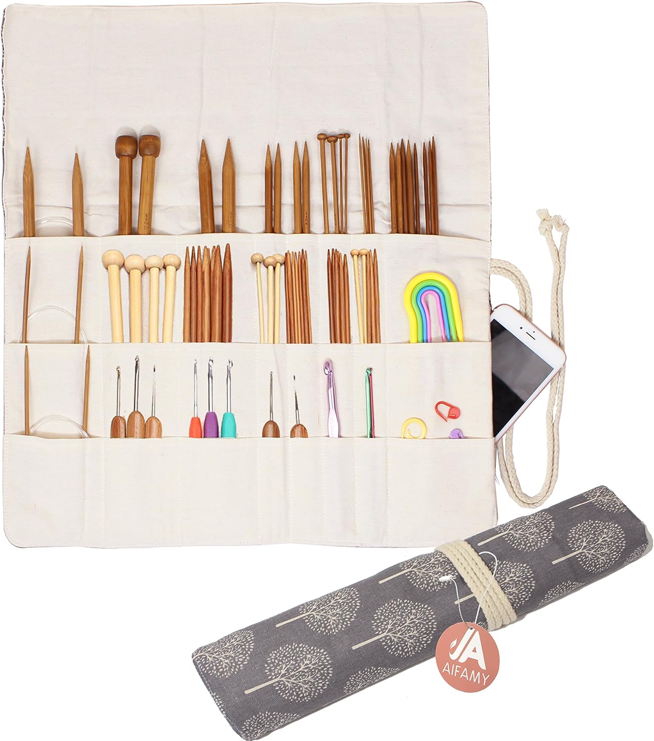Knitting Needles Holder Case Rolling Organizer for Crochet Hooks Accessories, Mother's Day Gift (Gray Tree)