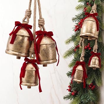 Rustic Golden Christmas Bell Ornaments & Velvet Bows - Set of 3 Large Bells