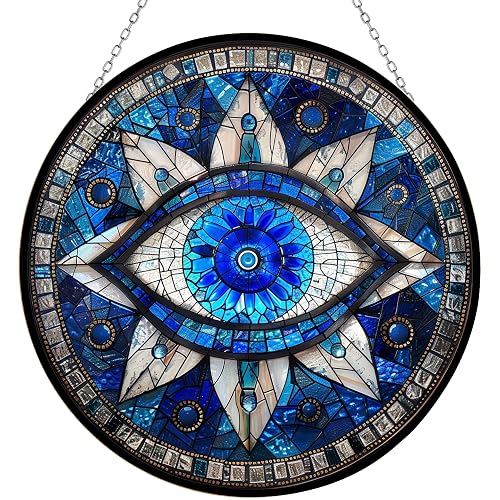 365CUSGIFTS Evil Eye Stained Glass Sun Catcher with Mountain Stained Glass Window Hanging, Suncatchers for Windows Hanging, Lavender Wall Decor, for Women/Friends/Lover - Evil Eye - 6.3 inches