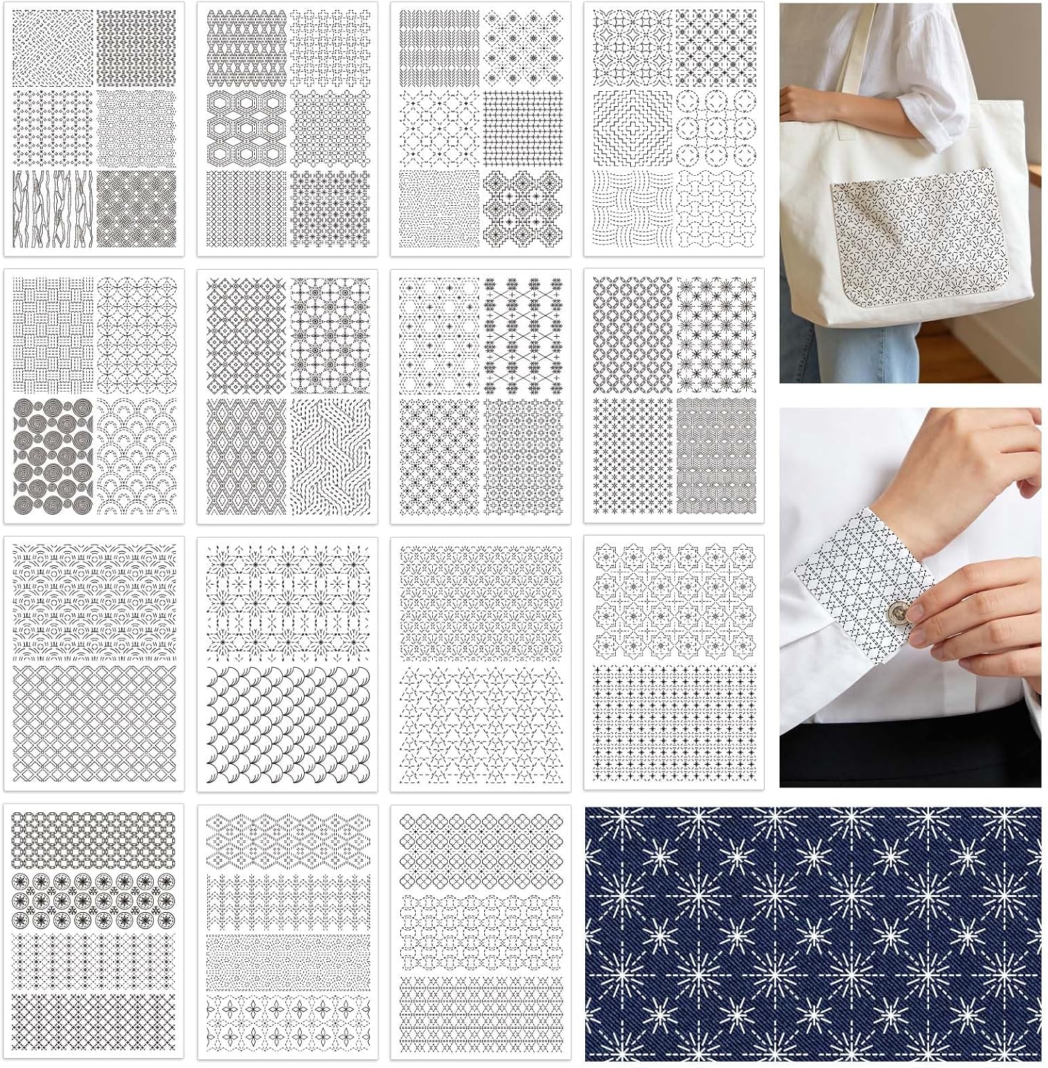 TWINKLEMON 15PCS Water Soluble Sashiko Embroidery Pattern Stabilizers Pre-Printed Geometric Sashiko Pattern Template Hand Sewing Stabilizers Stick and Stitch Embroidery Paper for Sewing Hand Quilting