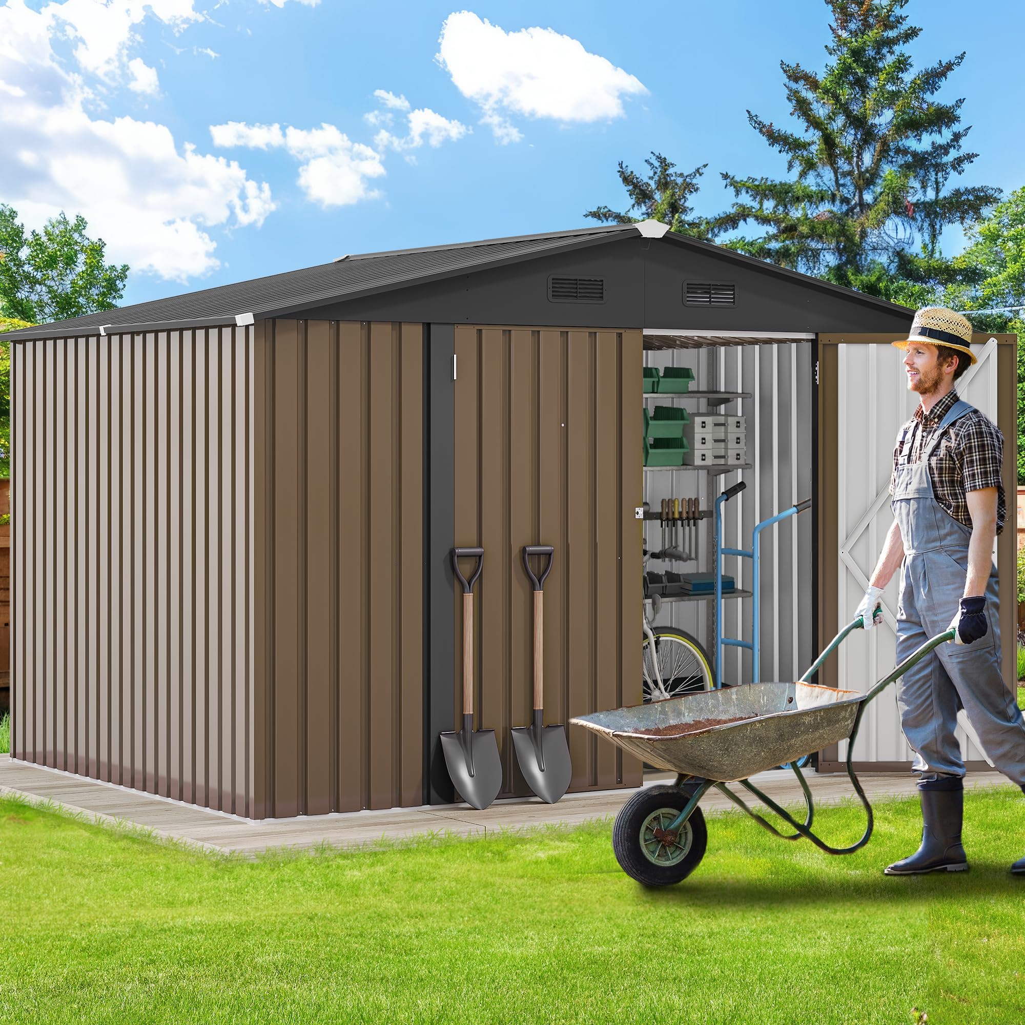 YITAHOME Stahl Gartengerätehaus 10x8FT Robustes Metall Gartenhaus, Wasserdichtes Gerätehaus & Fahrradschuppen mit Doppeltüren & 4 Lüftungen zur Aufbewahrung, 279x224.5x193.5cm,Braun-Schwarz
