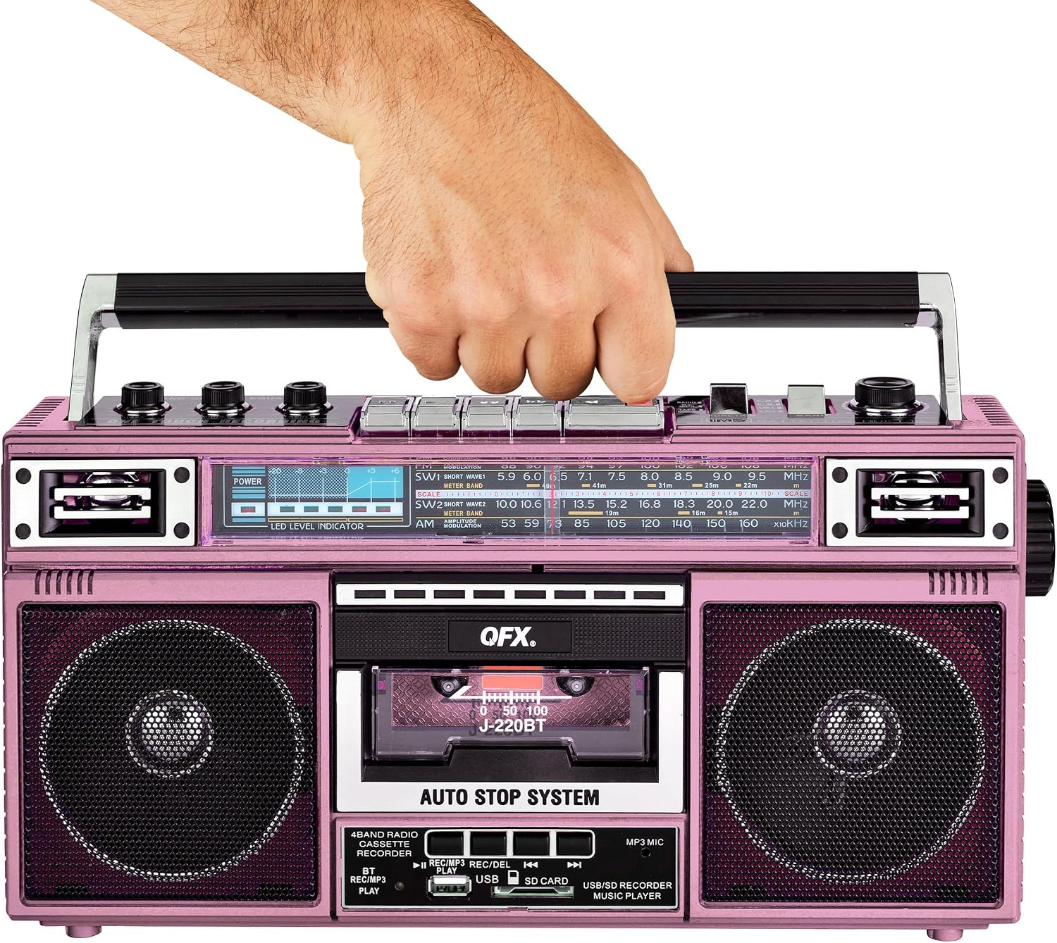 QFX Retro Bluetooth Boombox Cassette Tape Player Recorder, J-220BT, Pink