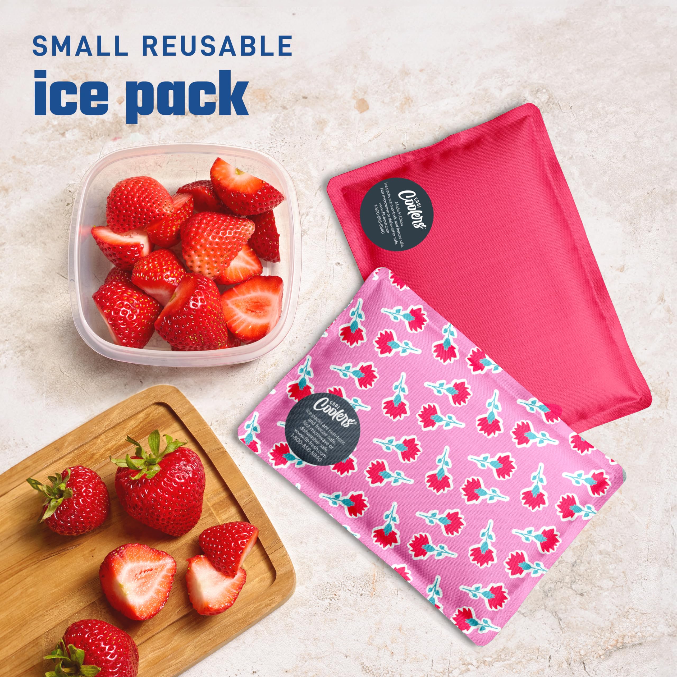 Fit & Fresh Cool Coolers Soft Ice für Lunch-Taschen, flexibles Stretch-Nylon, langlebig, wiederverwendbar, weiches Eis, wiederverwendbare Gefrierpackungen, Lunch-Eis, süßer rosa Blockdruck, 2 Stück