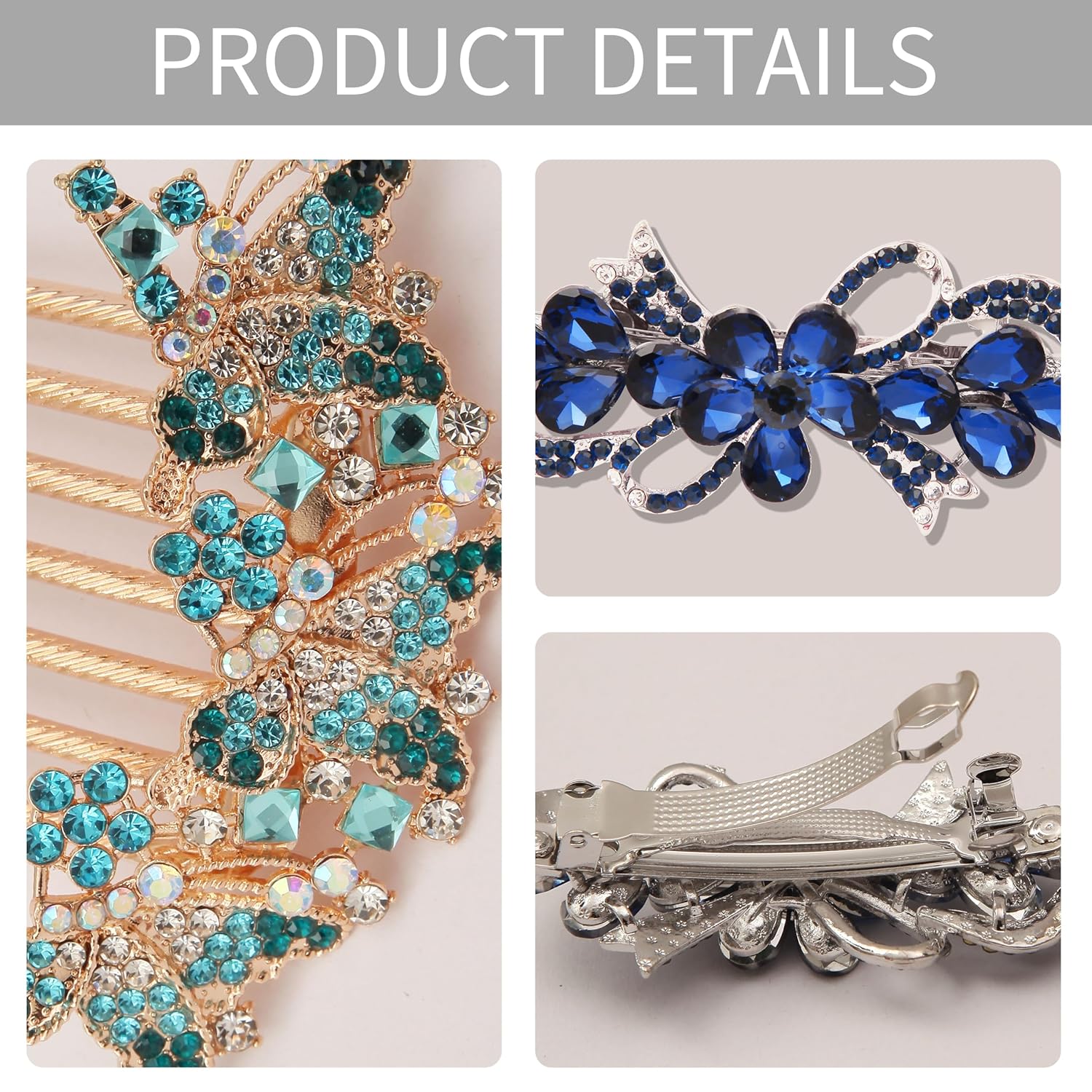 2PCS Rhinestone Flower Hair Barrette Clip and Hair Comb, Dark Blue Metal Hair Jewelry Accessories, Sparkly Glitter Hair Pins for Women and Girls - Image 3