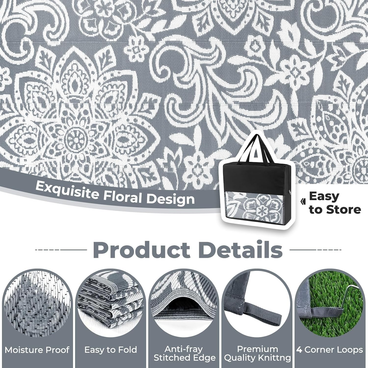 Findosom Waterproof Outdoor Rug 8' x 10' - Reversible Mandala Outdoor Plastic Straw Rug, Durable Foldable Patio Rug for RV, Deck, Balcony, Backyard, Picnic, Porch, Camping, Beach, Gray