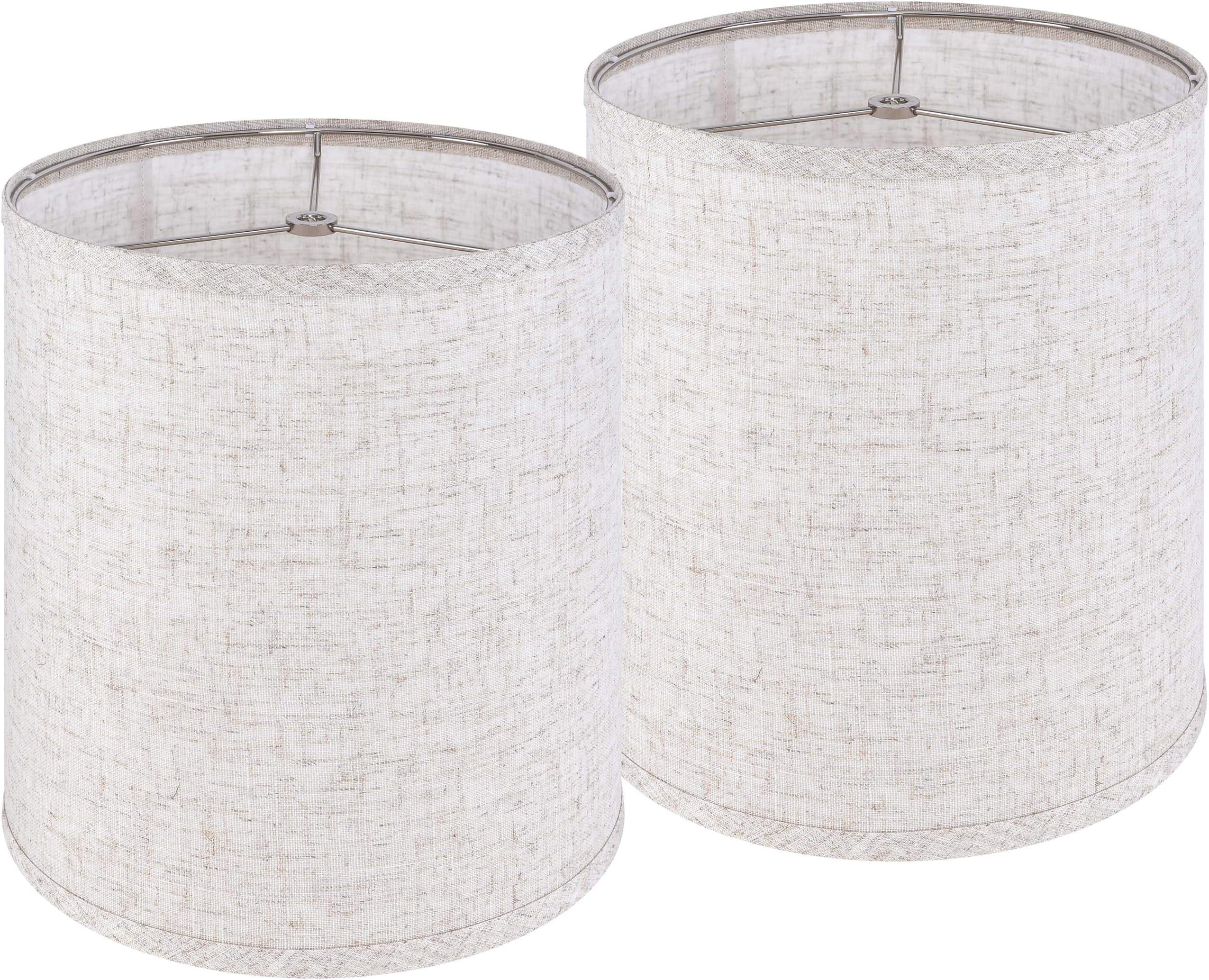 Set Of 2 Tall Drum Lamp Shades In Oatmeal Beige - 14x14x15 Inches With Spider Fit & Free Harp