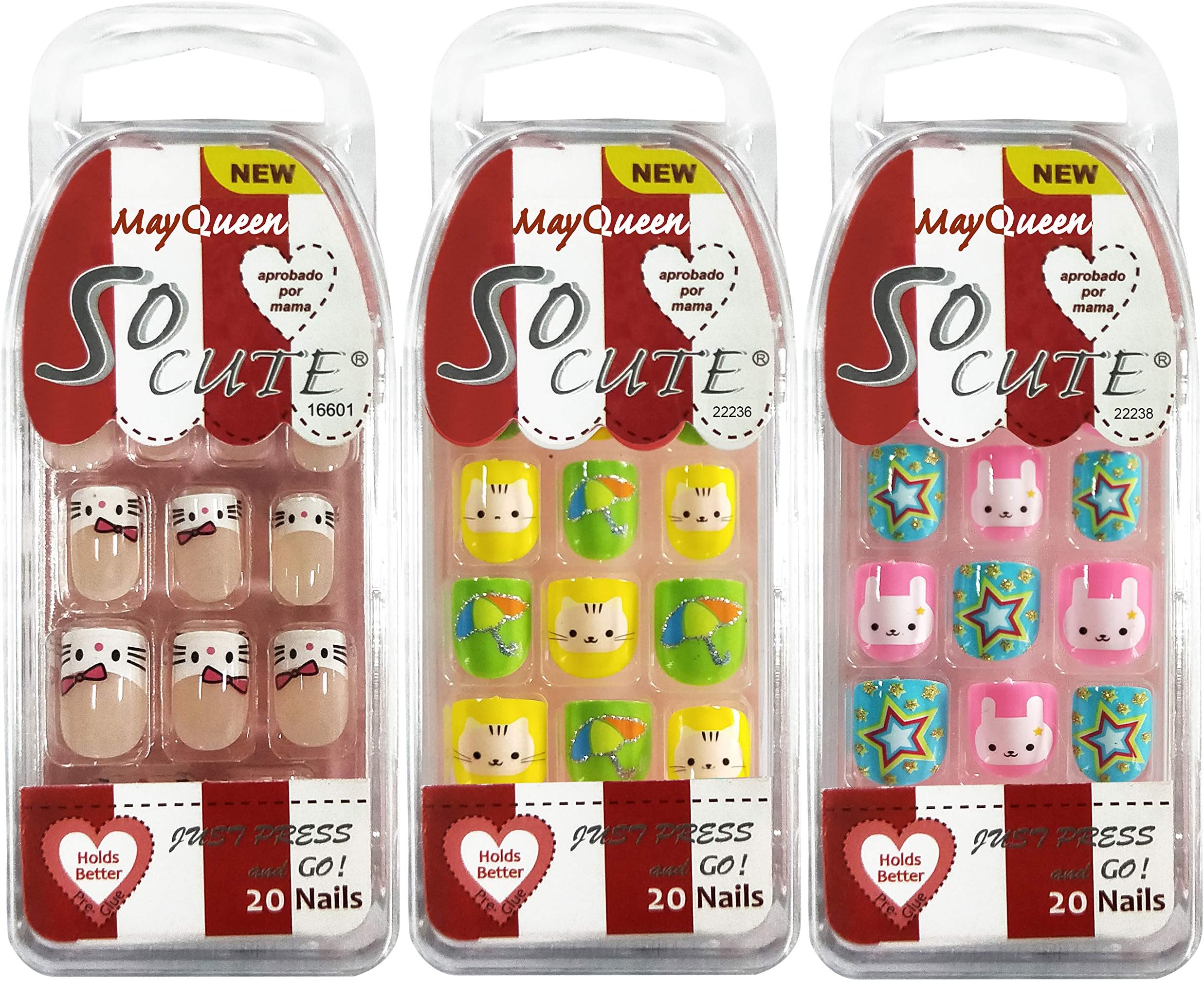 3PACK 60tips Junior Artificial False Nails Animal Design, Mini Fake Nail Bar For Kids (Cat)