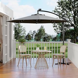 Garvee 10FT Solar Lights Offset Patio Umbrella with Cross Base, Cantilever Umbrella with Easy Lift & Tilt Adjustment, 8 Ribs Sun umbrella UV Protection for Backyard, Pool, Garden, Gray
