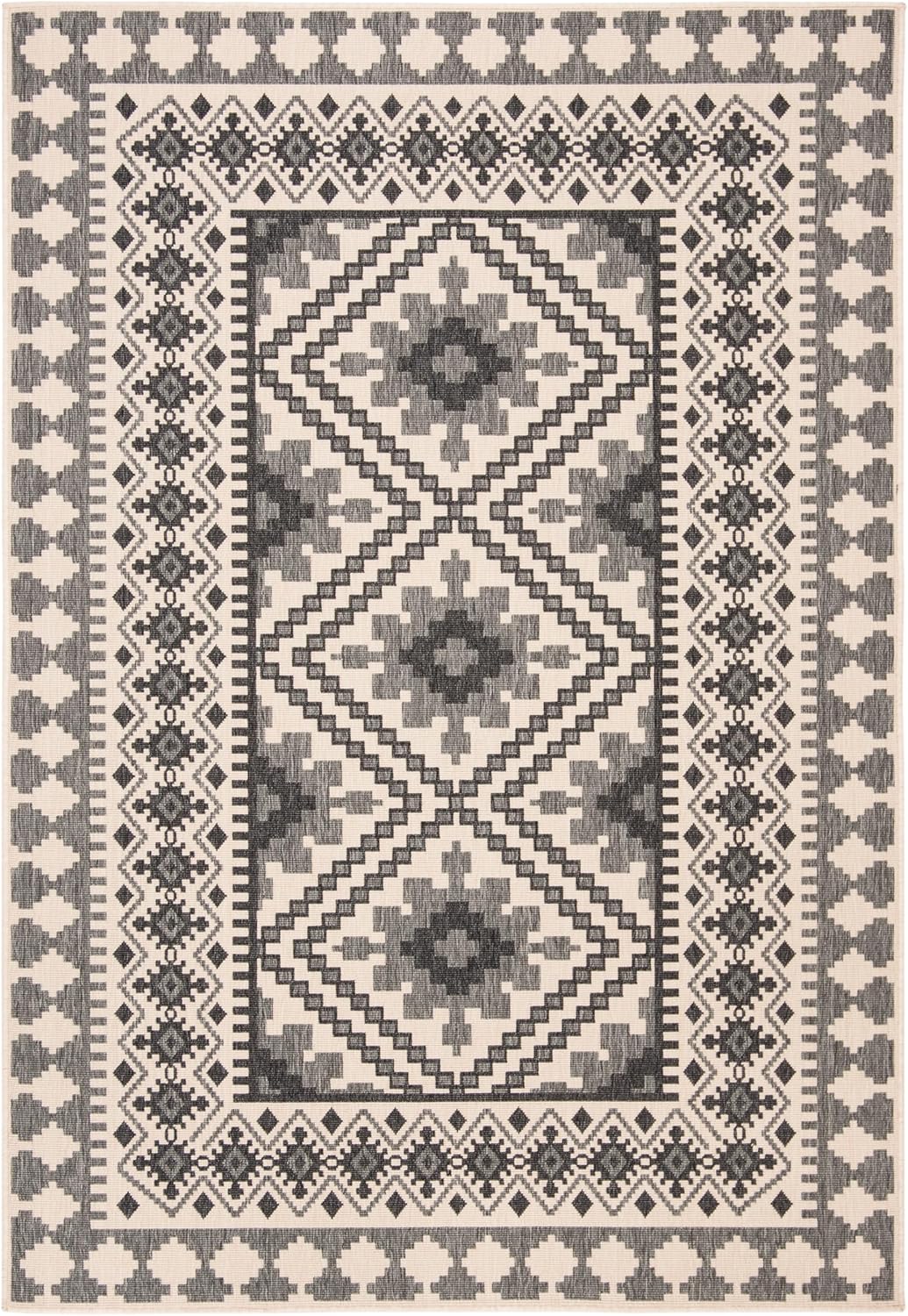 SAFAVIEH Veranda Collection Area Rug - 3' Round, Black & Creme, Boho Design, Non-Shedding & Easy Care, Indoor/Outdoor & Washable-Ideal for Patio, Backyard, Mudroom (VER099-0421)