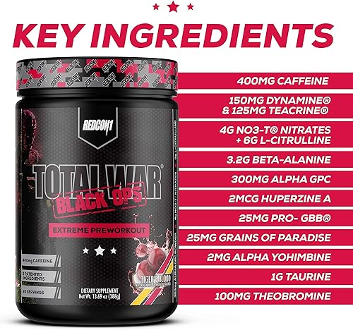Miniatura 8 de REDCON1 Total War Black Ops - Polvo de preentrenamiento extremo, sangre de tigre, alto estimulante, 400 mg de cafeína, nitratos NO3-T + L-citrulina,