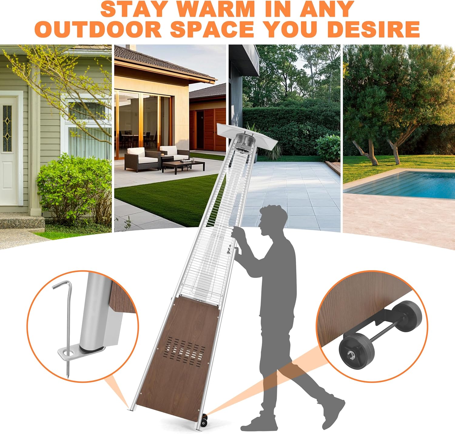 Nuu Garden 48,000 BTU Pyramid Propane Heater Outdoor Patio Heaters with Wheels, Patio Heater with Glass Tube Deck Porch for Outdoor Use Camping Backyard, Stainless Steel Burner, Wood-Grain Finish