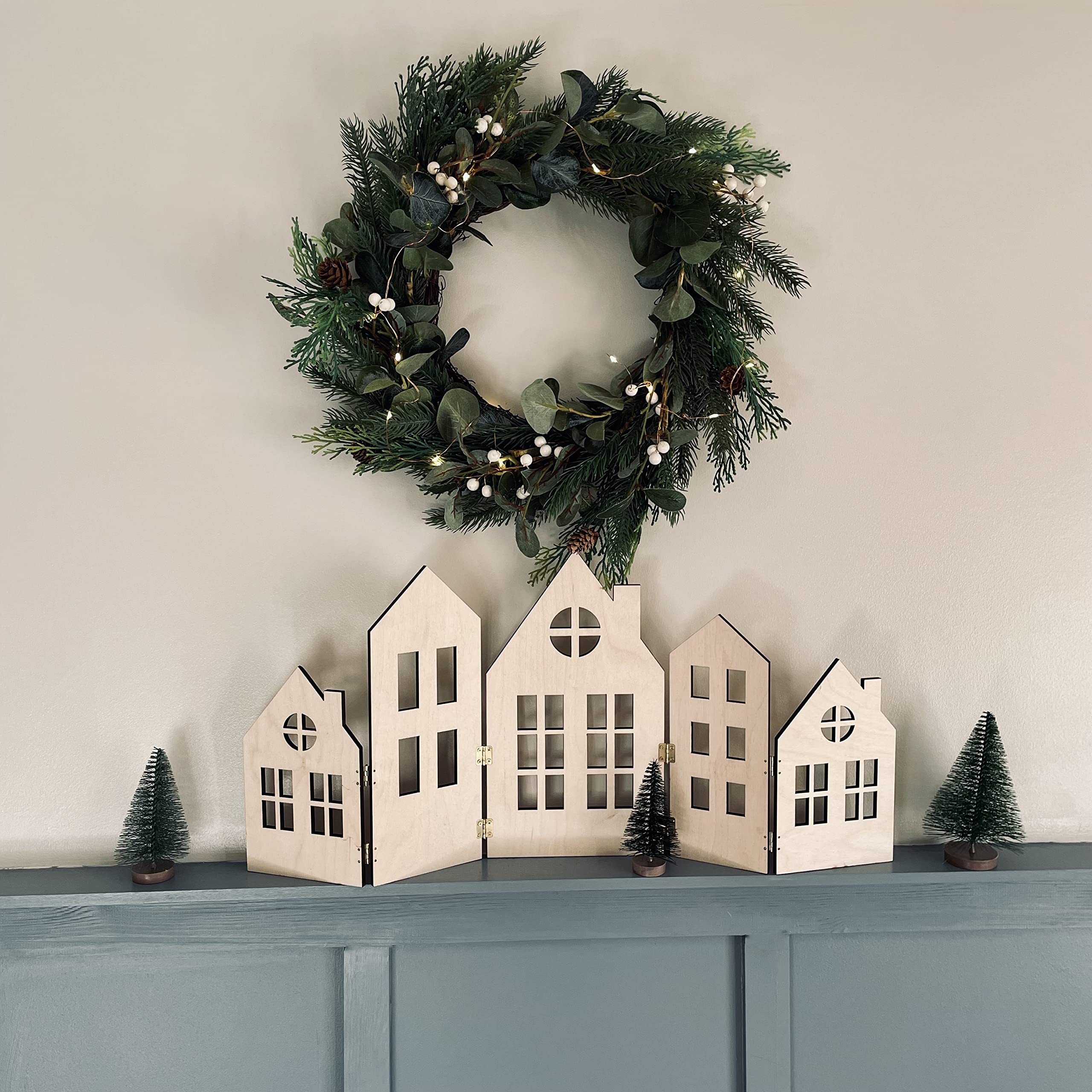 stika.co Set of 5 Scandinavian Wooden Silhouette Houses - Gold Hinges - Festive Scandi Christmas Décor, Novelty Holiday Window Decorations (Medium Size)