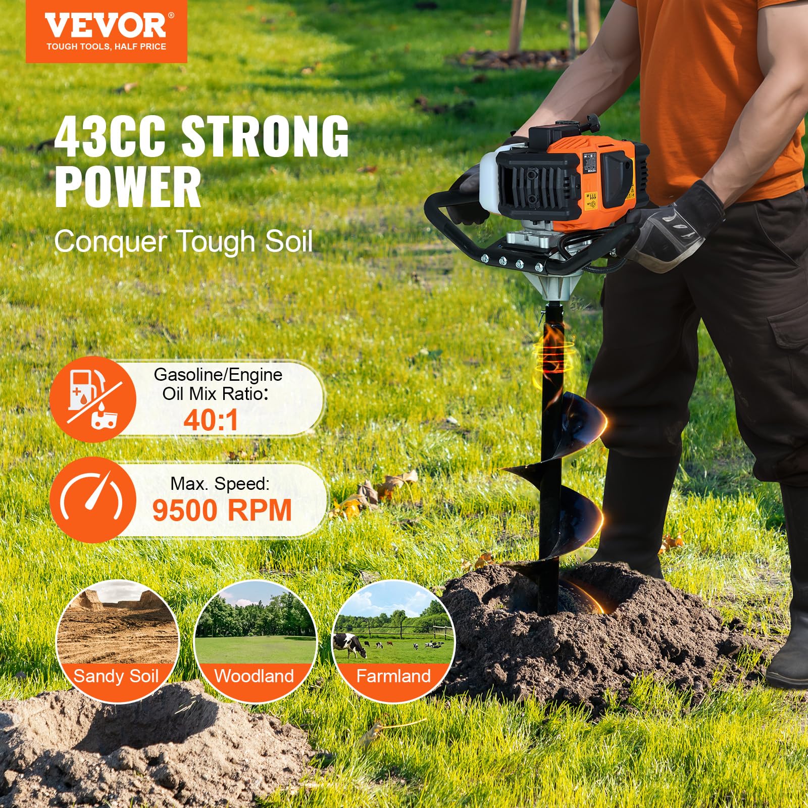 VEVOR Excavadora de Pozos a Gasolina de 43 cc y 1250 W Barrena para Postes a Gasolina con Brocas de 200 mm Excavadora de Pozos para Vallas de Postes, Cultivo, Jardín, Plantas, Naranja y Negro