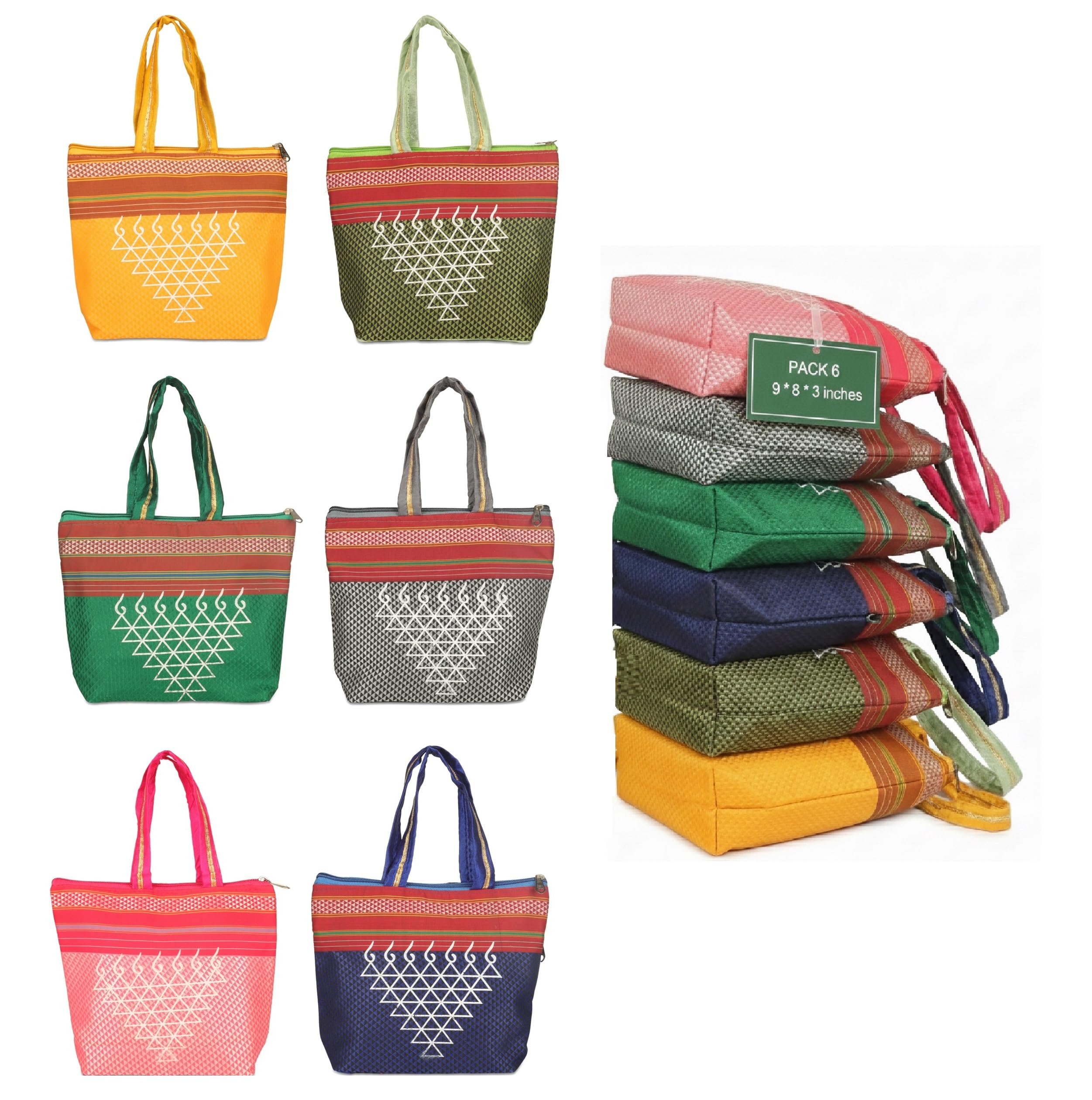 Women Handbag with Double Pocket and Zip, Khann Zipper Multipurpose Handbags For Daily Errands, Temple Visits, Gifting, or Pairing with Sarees[Multicolor, 9X8x3 Inch, Pack Of 6]-image-45