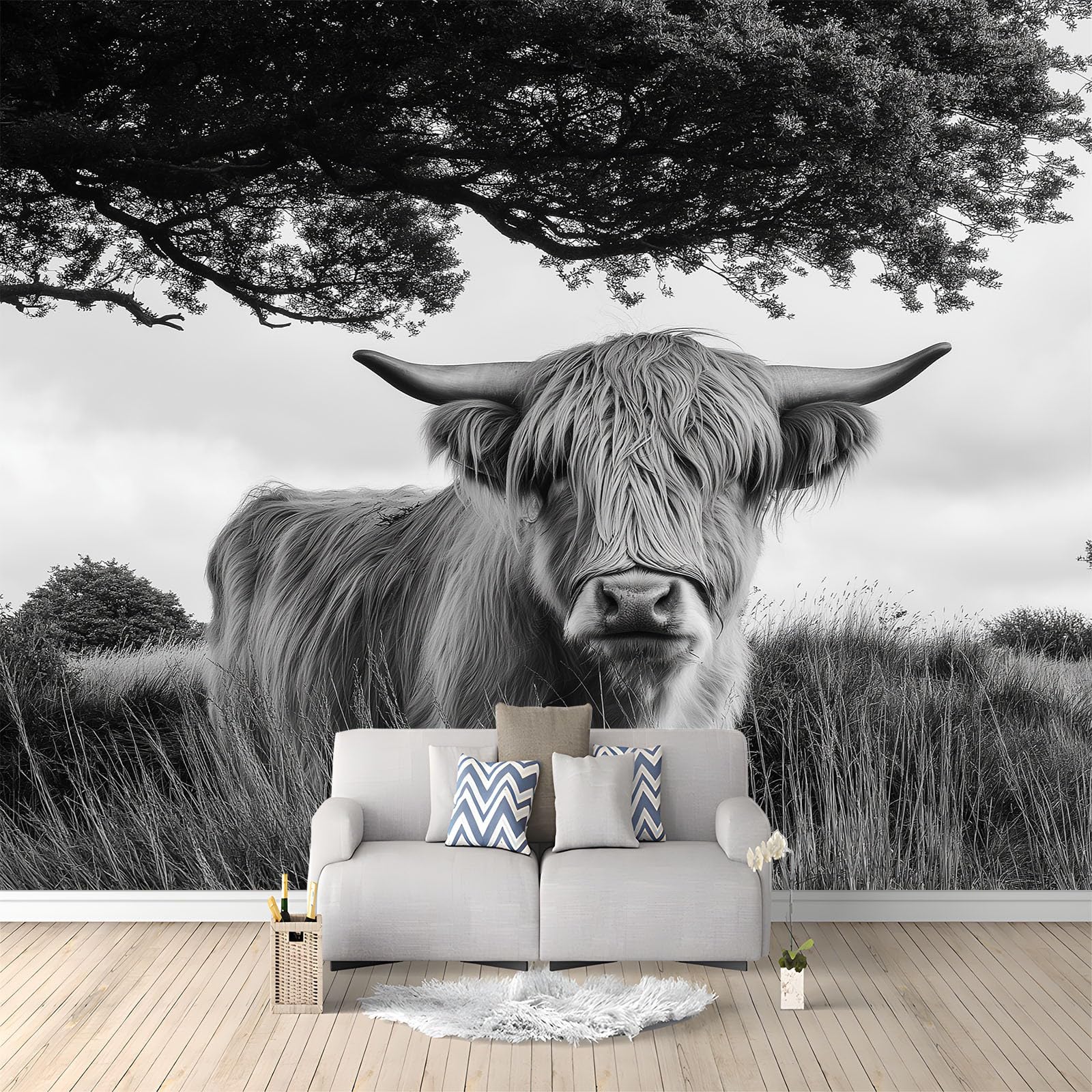 Papier peint panoramique vache noir et blanc pour une déco de salon moderne