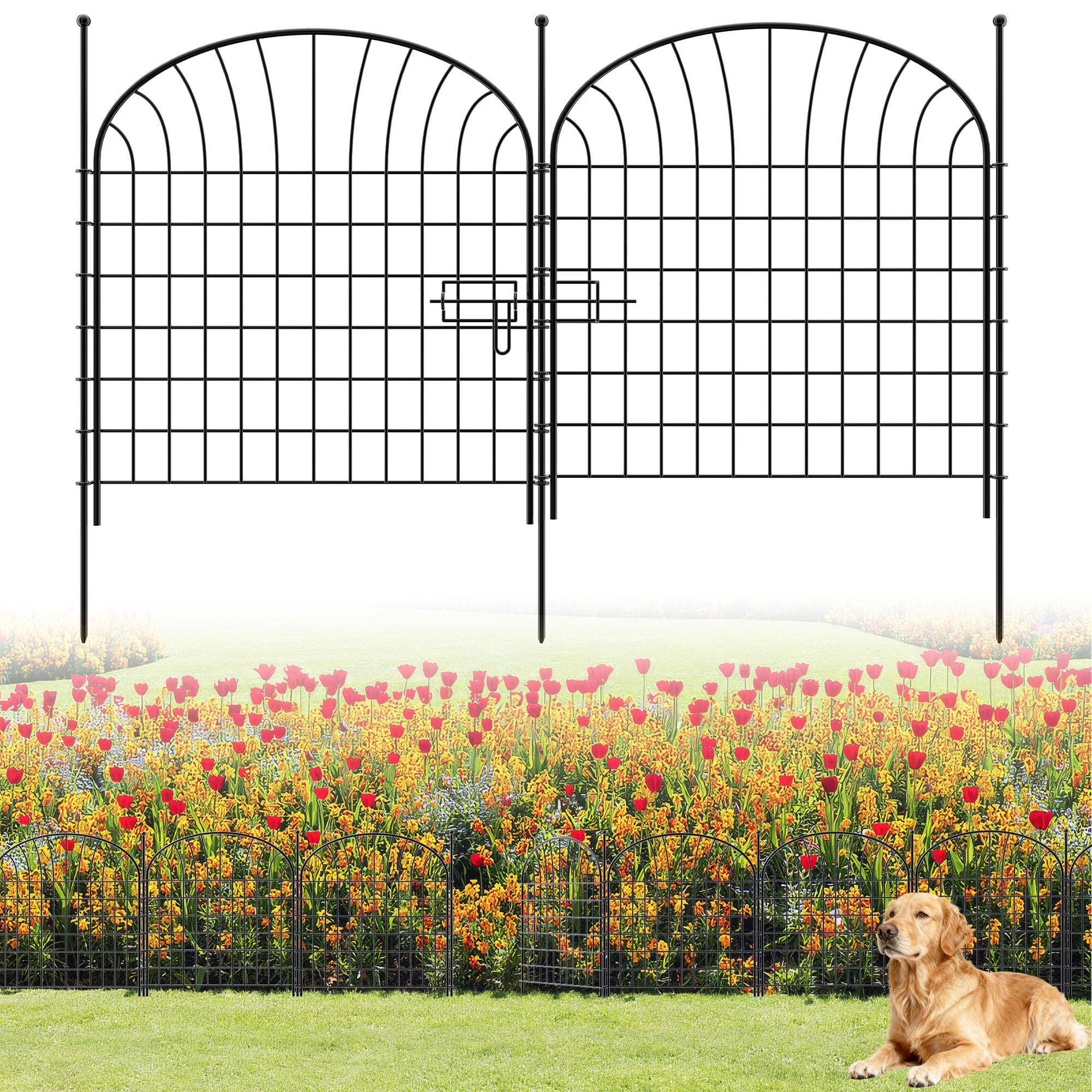Sarstry Black Decorative Garden Fence, 81Cm High X 71Cm Wide (10-Pack, 9 Panels + 1 Gate, Length 7M) Animal Barrier Fencing Rustproof Metal Wire Panels Border For Dogs, Rabbits, Temporary Ground Stakes