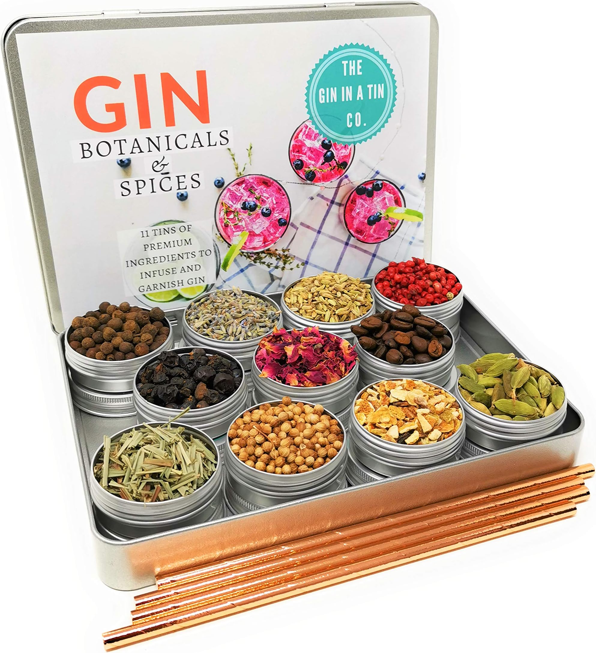 The Gin In A Tin Co Gin Botanicals Set Of 11 Gin Infusion Botanical Set With Biodegradable Copper Straws Fantastic Gin Infusion Set For Gin Lovers Includes Juniper Berries And Gin Berries