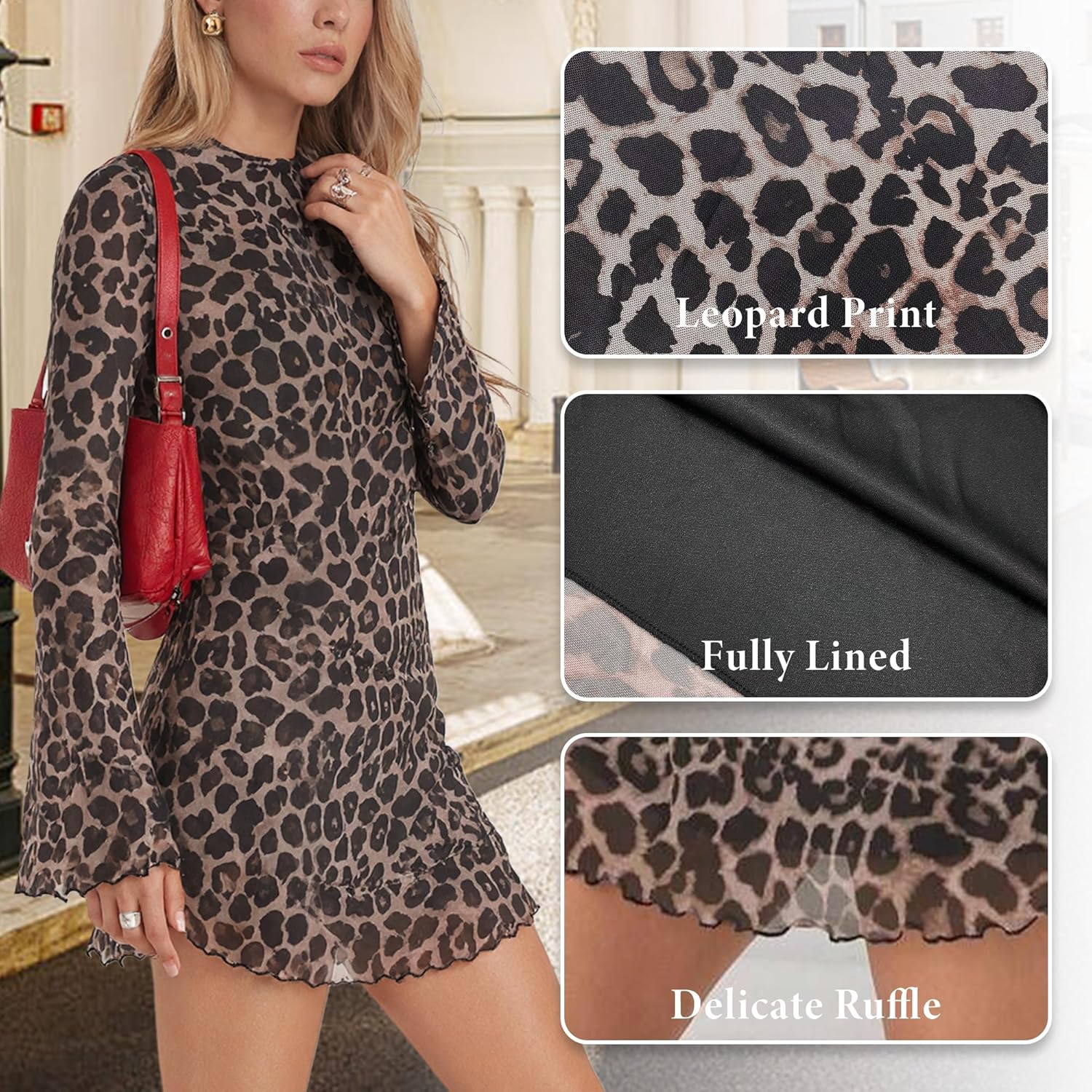 Ammiko Women's Cheetah Print Mini Dress Y2k Bell Long Sleeve Leopard Dresses Going Out Sexy Booty Rave Club Outfits - Image 4