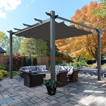 Yardenaler 10x13 FT Pergola with Retractable Sun Shade Canopy, Aluminum Patio Shelter Grape Trellis for Garden, Backyard, Porch, Gray