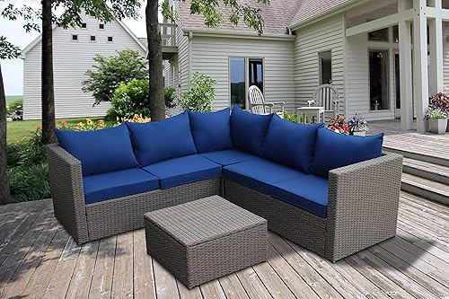 Juego de muebles de patio para exteriores con mesa de centro cuadrada otomana, sofá modular de 4 piezas, mimbre de ratán marrón moderno con cojines