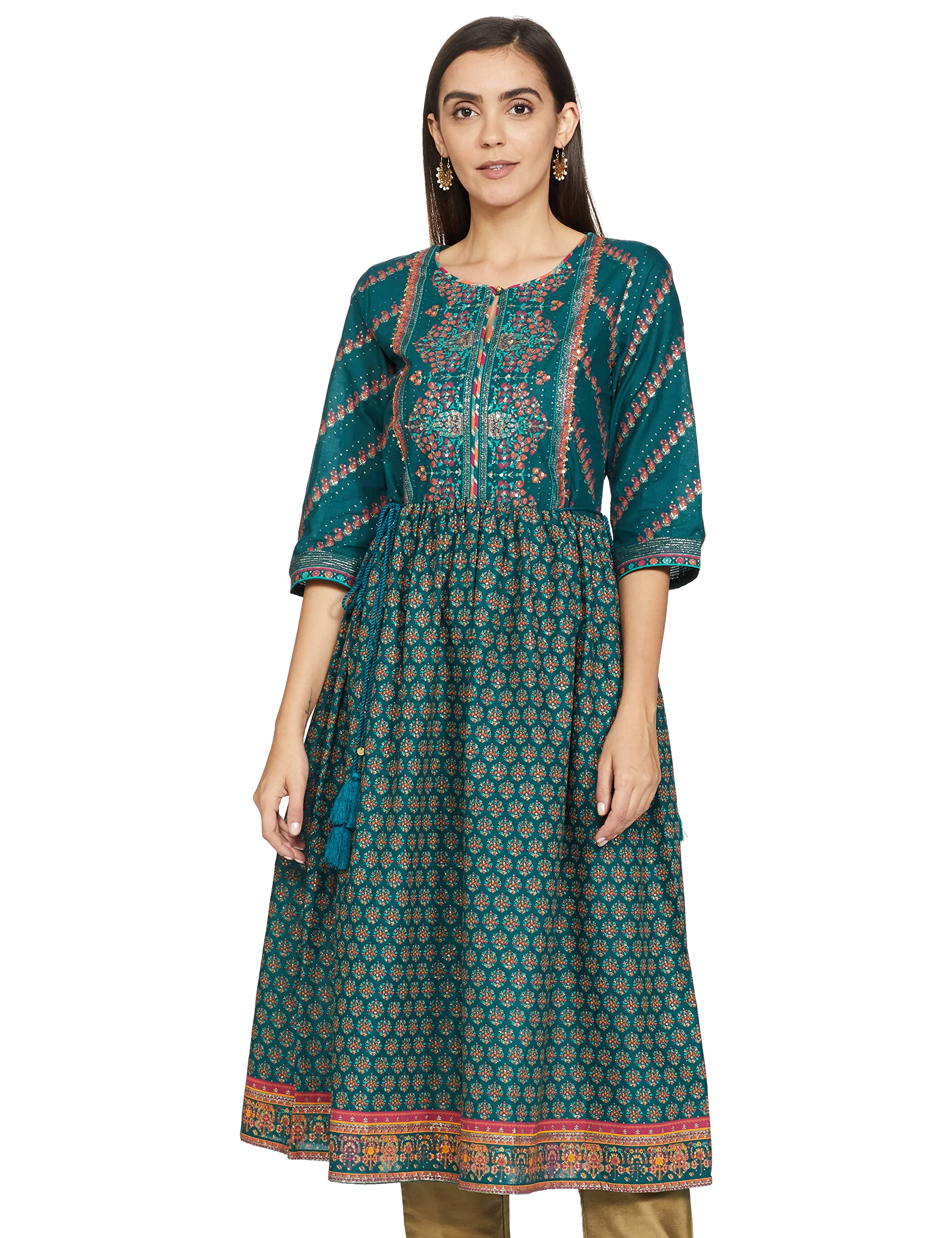 W for Woman Women's Cotton Empire Printed Kurta with Sequin Below The Knee