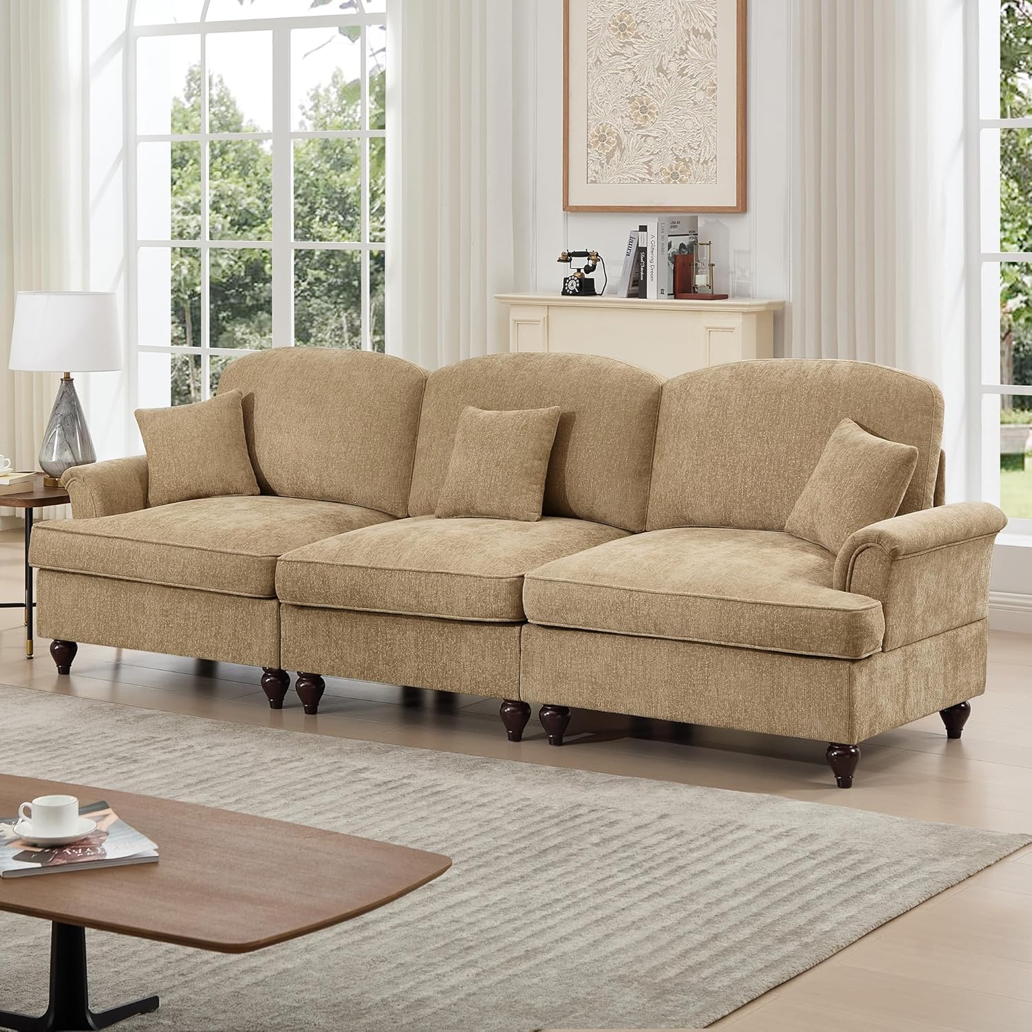 Elegant Medieval Sofa with Flared armrests and Detachable Ruffled Pleated Skirt and Spindle Legs, Comfortable Living Room Combination 2/3/4 Person 4colors (Coffee, 3 Seat)