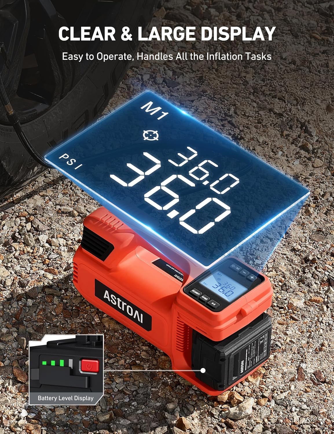 AstroAI TC4 Portable Air Compressor Tire Inflator, 470W 18V Cordless Air Pump for Truck Tires with 4000mAh Battery, 150PSI Heavy Duty Air Compressor with Digital Display for Car, RVs, SUV Gift Red - Image 6