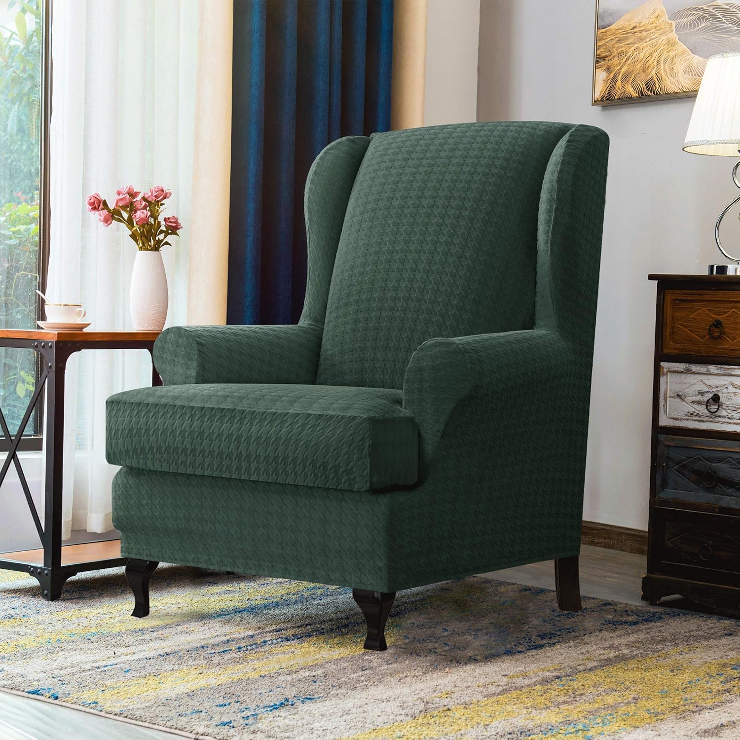 CHUN YI 2 Piece Stretch Houndstooth Wing Chair Cover, Soft Wingback Armchair Couch Slipcovers Spandex Fabric with Elastic Bottom for Living Room Bedroom Removable Furniture for Kids(Dark Cyan) : Home & Kitchen