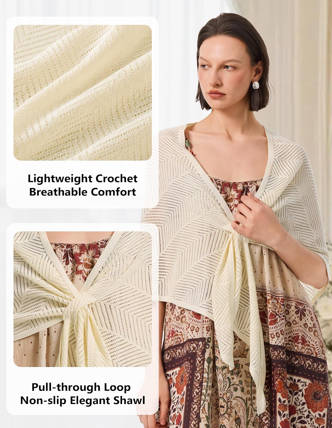 PULI Women's Pashmina Shawl Wraps Lightweight Knit Poncho Triangle Scarf | Soft Boho Elegant Versatile Pull Through Loop Spring Summer Fall Travel Ferry AC Room Evening Dressy Beach Cover Up