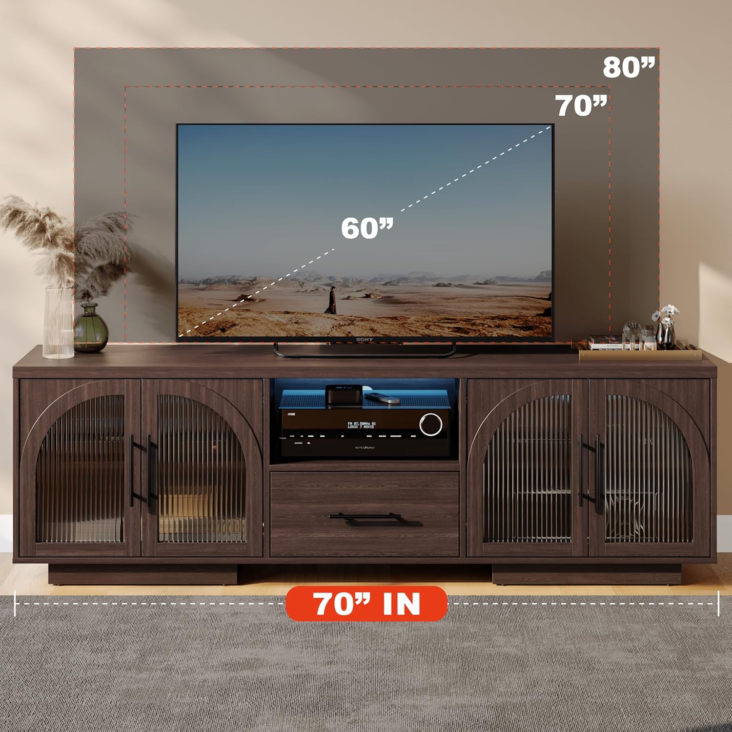 70" TV Stand for 80 Inch TVs, Entertainment Center with LED Lights and Arched Glass Doors, Faux Marble Wood Finish, Adjustable Shelves, Modern TV Cabinet for Living Room, Brown
