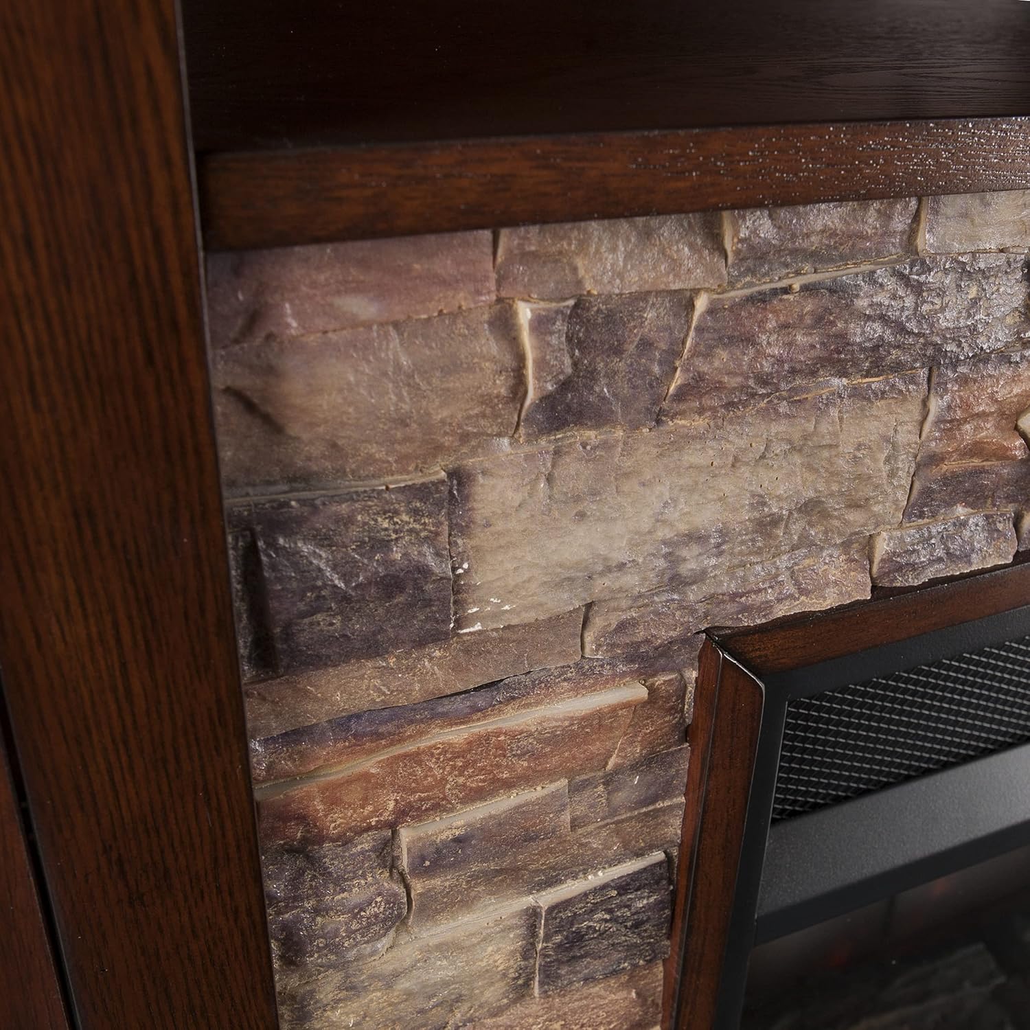 SEI Furniture Redden Faux Stone Corner Convertible Electric Fireplace with Media Storage, New Espresso