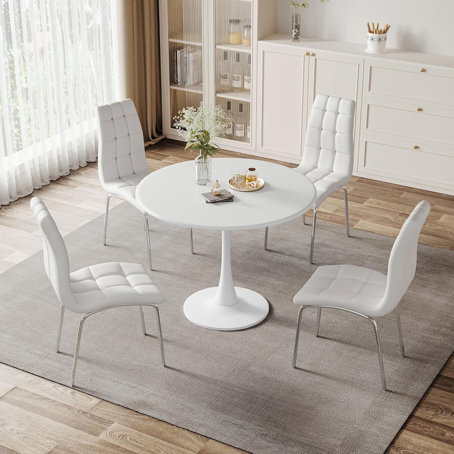 31.5" Mid-Century Round Dining Table for Outdoor, Tulip Table Metal Kitchen Dining Table for 2-4 People with Pedestal Base Leisure Coffee Table Office Living Room Small Space, White