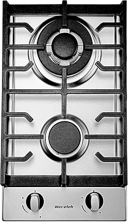 Gas Cooktop 2 Burner, 12 Inch Natural Gas Stove Top, Bulit-in Gas Range, NG/LPG Convertible, Stainless Steel, Thermocouple Protection, 120V AC