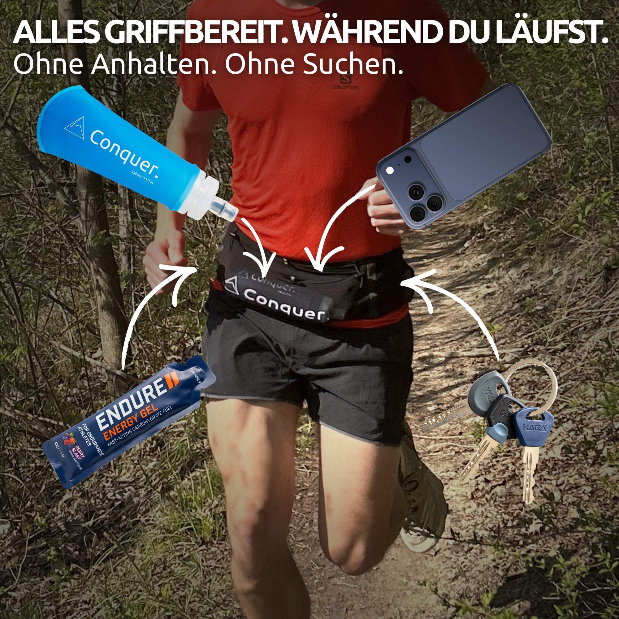 Conquer Laufgürtel Damen & Herren – Running Belt & Trinkgürtel Joggen mit Handy-Fach | Verstellbarer Laufgurt für Trinkflasche, ohne Schnalle – Kein Wackeln, kein Reinzwängen