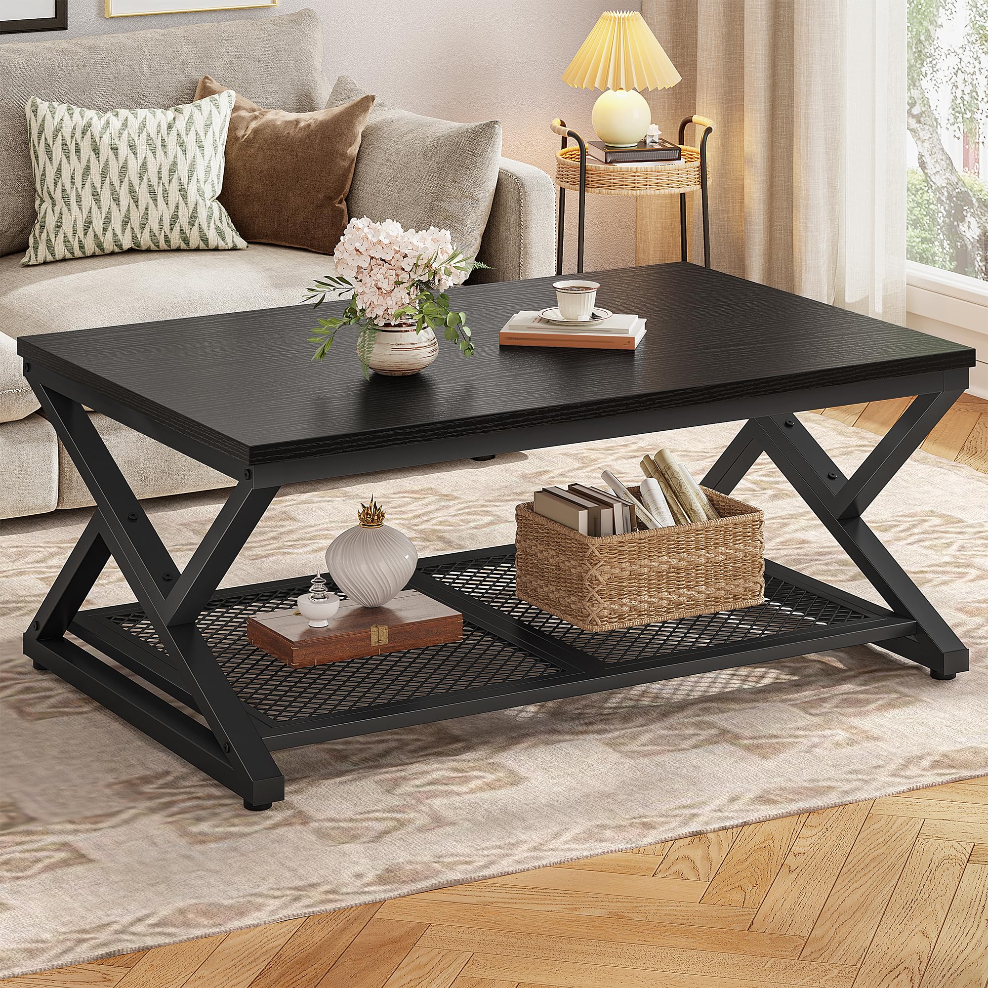 EnHomee Coffee Table with Storage, Modern Coffee Tables for Living Room with Mesh Shelf, 2 Tier Rectangular Center Table for Living Room, Bedroom,