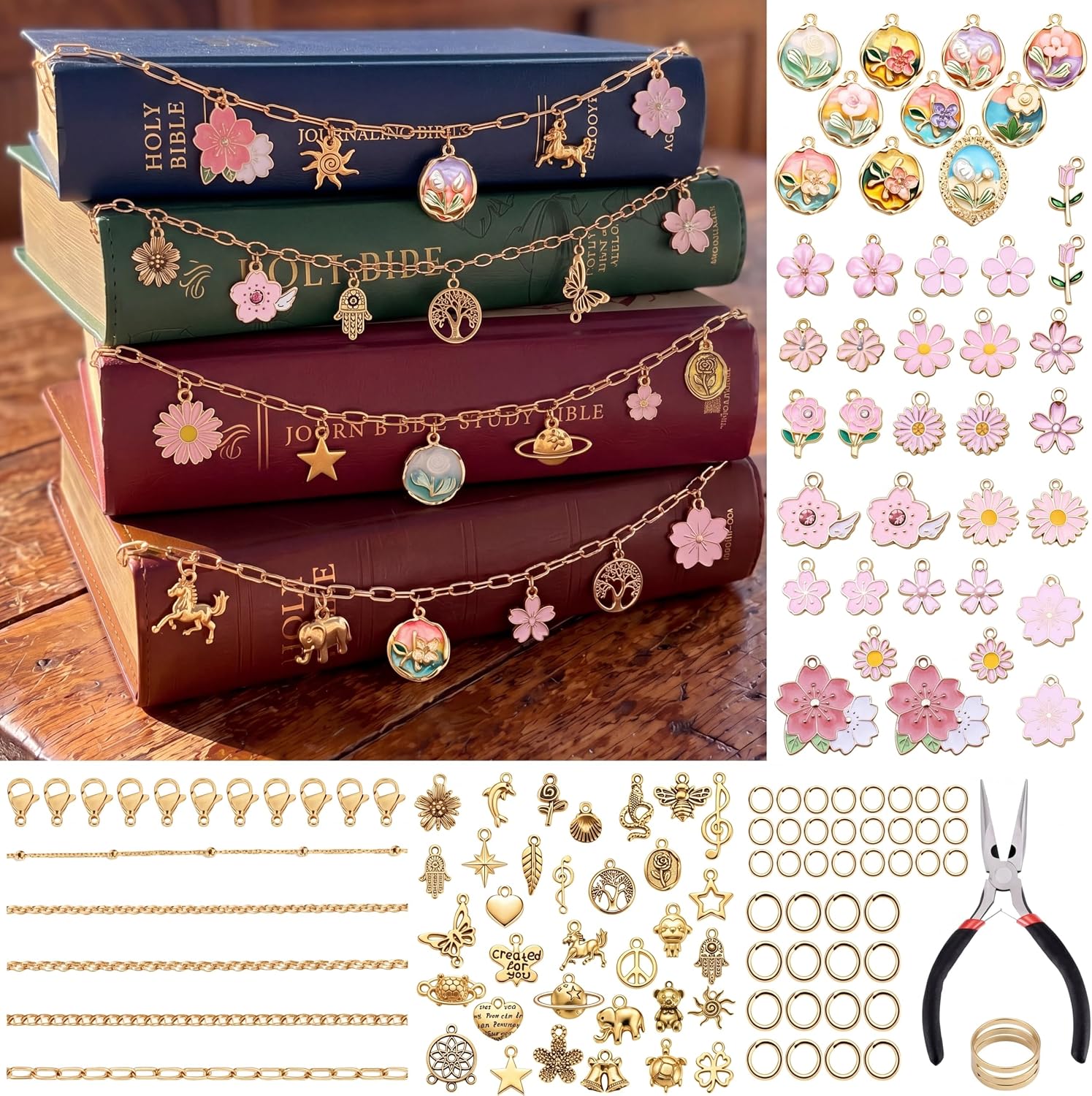 Sureio Bible Chain Jewelry Making Kit 16.4ft 5 Rolls DIY Gold Plated Chain Crafts with 90 Pcs Charms for DIY Necklace Bracelet Jewelry Accessory Christian Bible Spine Edge Decor(Floral,Gold)