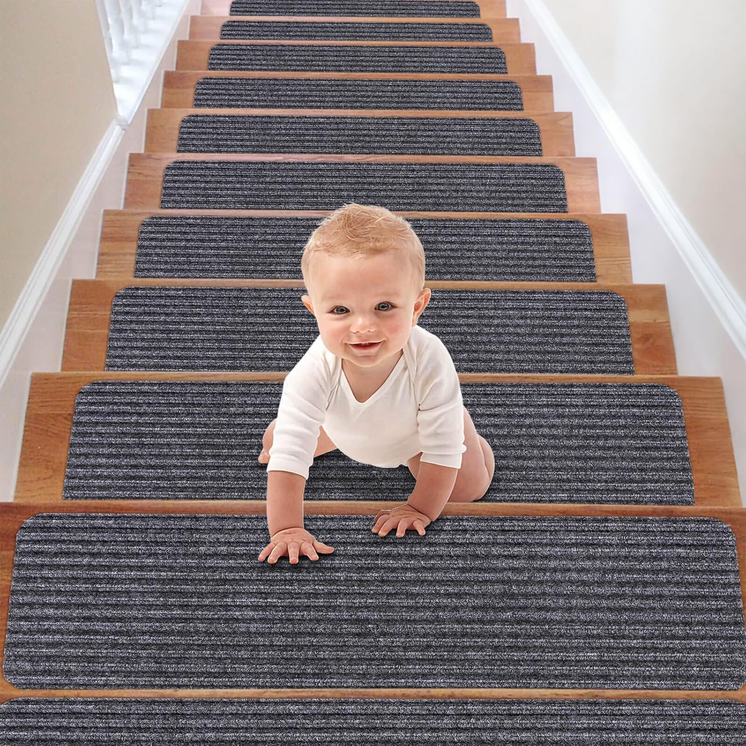 15PCS lfombra Antideslizante para Escaleras, Alfombrilla Antideslizante Interior 20cm x 76cm, Autoadhesivo Alfombra Antideslizante Seguridad para niños Mayores y Mascotas(Rayas Dobles Grises)